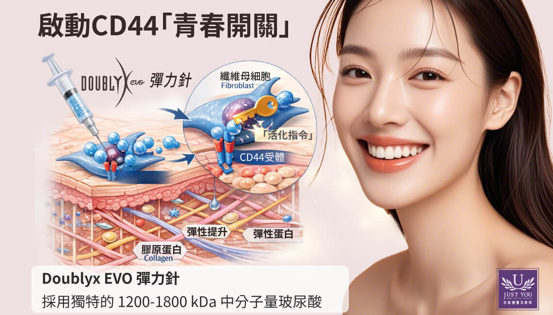 「Doublyx EVO 彈力針，主打『啟動 CD44 青春開關』；左側為注射示意與皮膚剖面圖，顯示玻尿酸作用於纖維母細胞與 CD44 受體、促進膠原蛋白與彈性蛋白