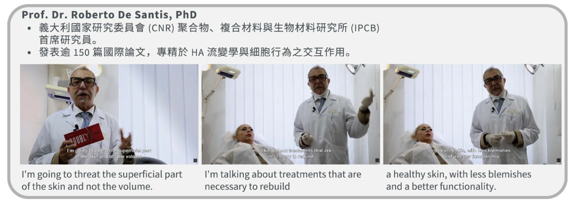 義大利國家研究委員會 (CNR) 首席研究員 Prof. Dr. Roberto De Santis 指出：「Doublyx EVO 的治療目標不是體積填充 (Not volume)，而是治療皮膚的淺層功能與質地重建 (Treat quality)。它能修復肌膚健康屏障，重建功能性。」 