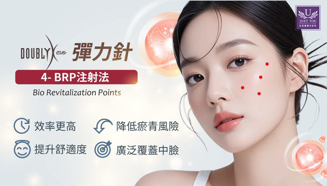 Doublyx EVO 彈力針 4點 BRP 注射法：1. 專為密集活化設計　2. 提升舒適與效率　3. 降低瘀青風險 4. 廣泛覆蓋中臉 5. 高滿意度選擇
