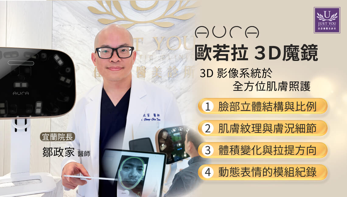 AURA歐若拉 3D魔鏡 1.臉部立體結構與比例 2.肌膚紋理與膚況細節 3. 體積變化與拉提方向 4.動態表情的模組紀錄