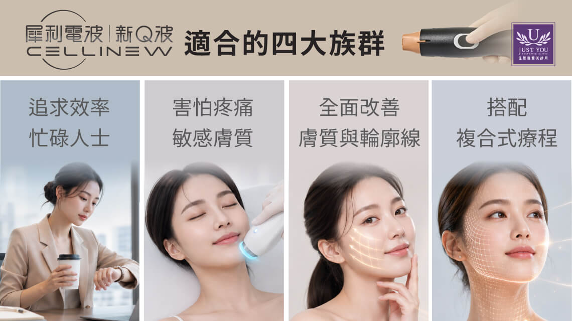 CELLINEW 犀利电波推荐四大族群1.追求效率的忙碌人士 2.	害怕疼痛的敏感肤质者 3.全面改善肤质与轮廓线者  4.搭配复合式疗程者