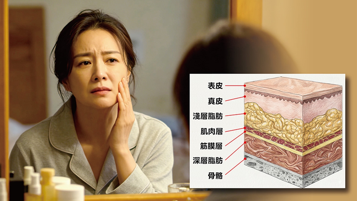 臉部脂肪墊示意圖，佳思優整形外科專科成啟瑞醫師說明各區域脂肪與輪廓年輕感的關係