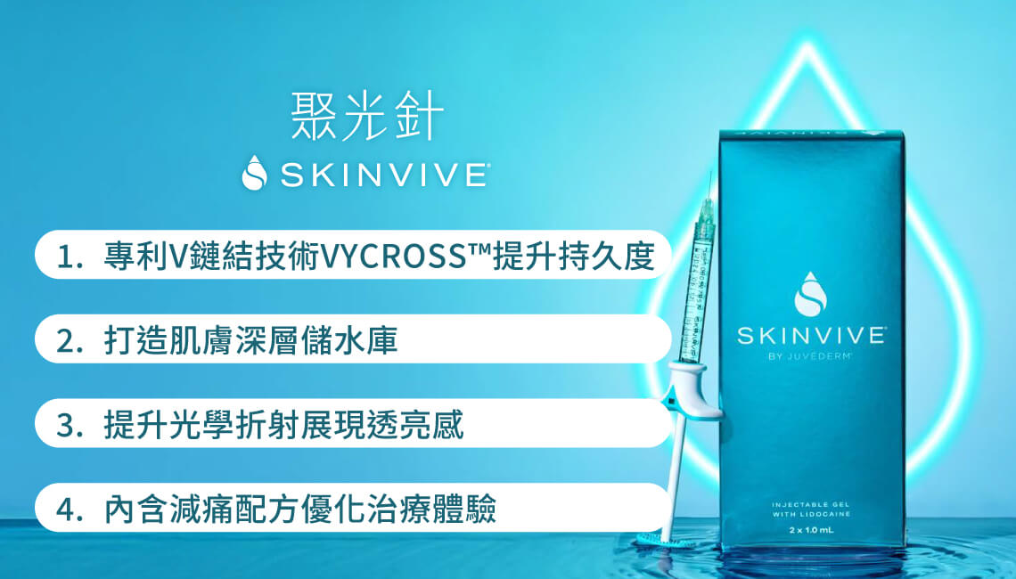 喬雅登SKINVIVE聚光針特色 1.專利V鏈結技術VYCROSS&trade;提升持久度  2.打造肌膚深層儲水庫  3.提升光學折射展現透亮感  4.內含減痛配方優化治療體驗