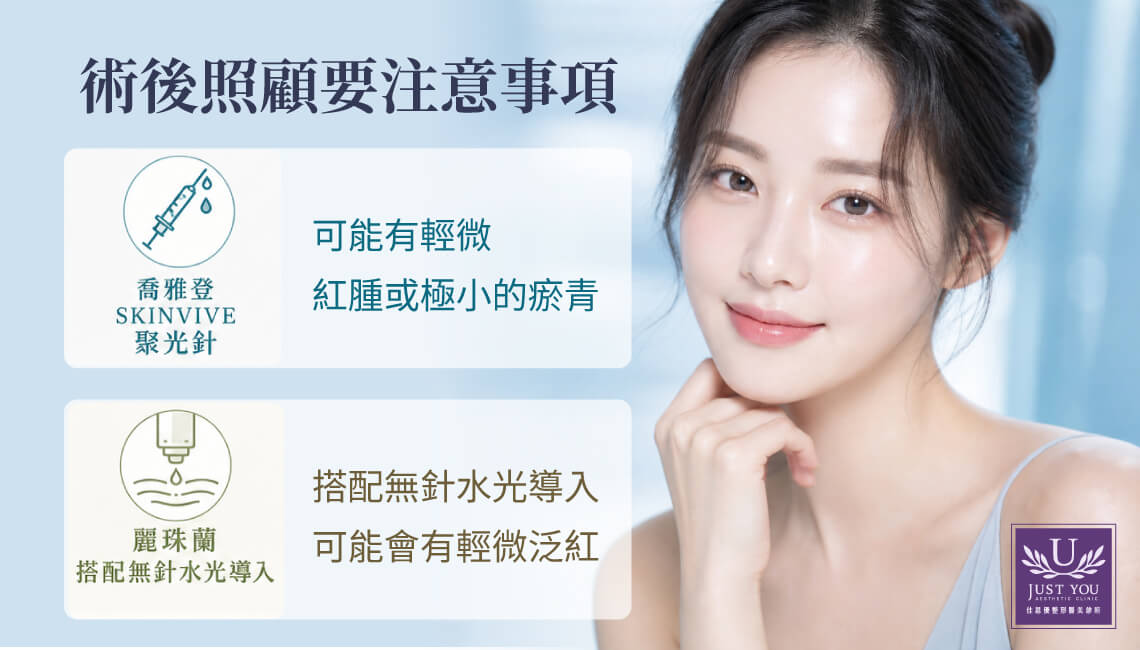 喬雅登SKINVIVE聚光針與麗珠蘭無針水光術後效果與恢復期說明，低修復期醫美療程推薦