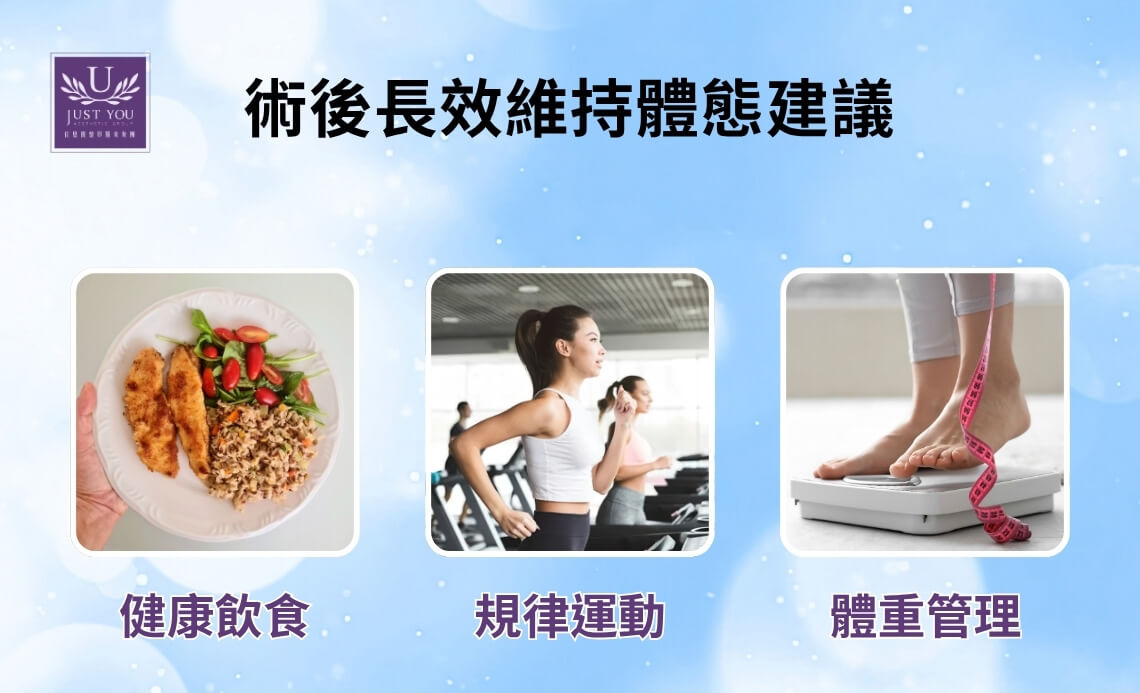 李兆翔醫師建議抽脂後維持體態應有良好習慣如 ☑ 健康飲食 ☑ 規律運動 ☑ 體重管理